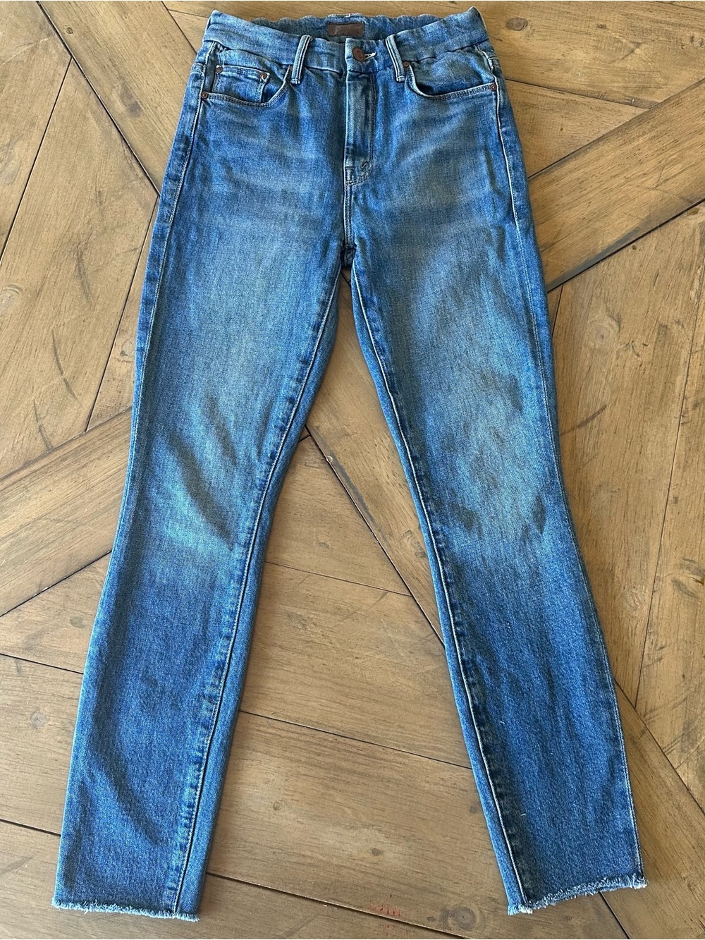 MOTHER Denim High Waisted Looker Ankle Fray Jeans In Wander Dust Size 24 Womens